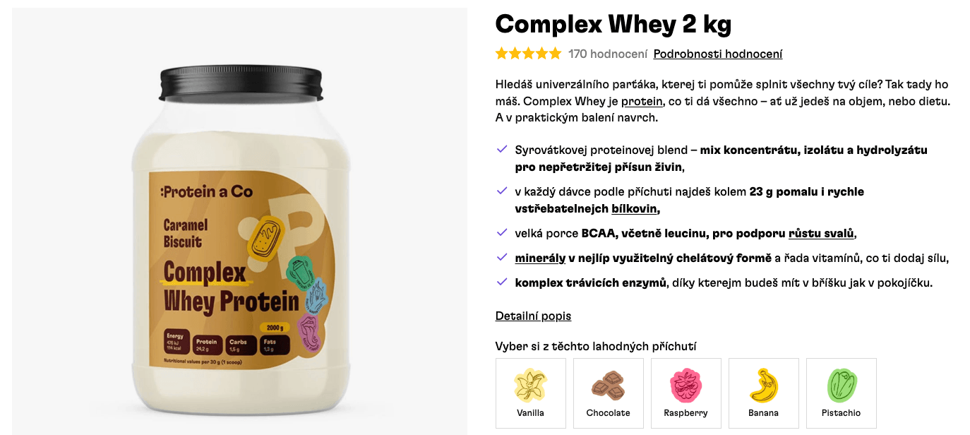 Ukázka horních popisků produktů u našeho klienta Protein a Co