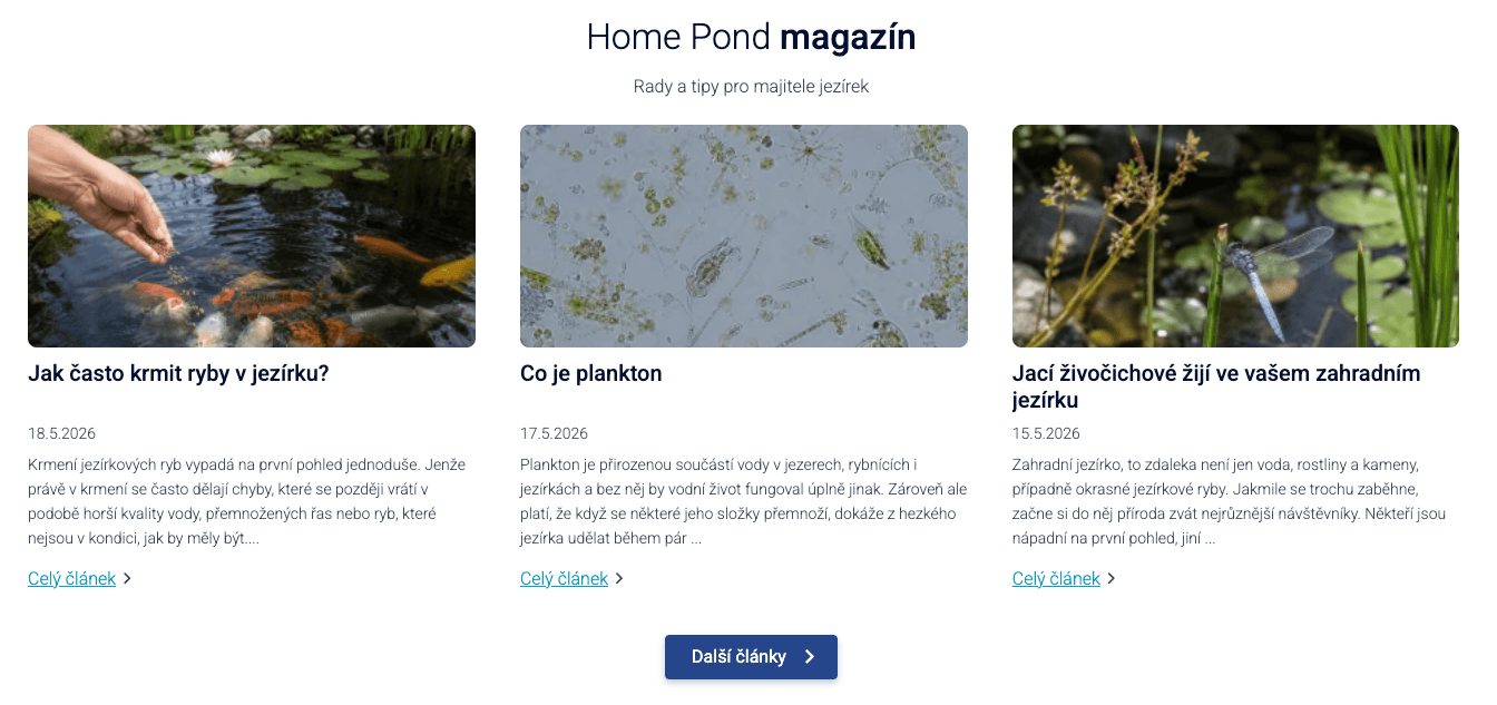 Ukázka řešení článků na homepagi klienta Homepond