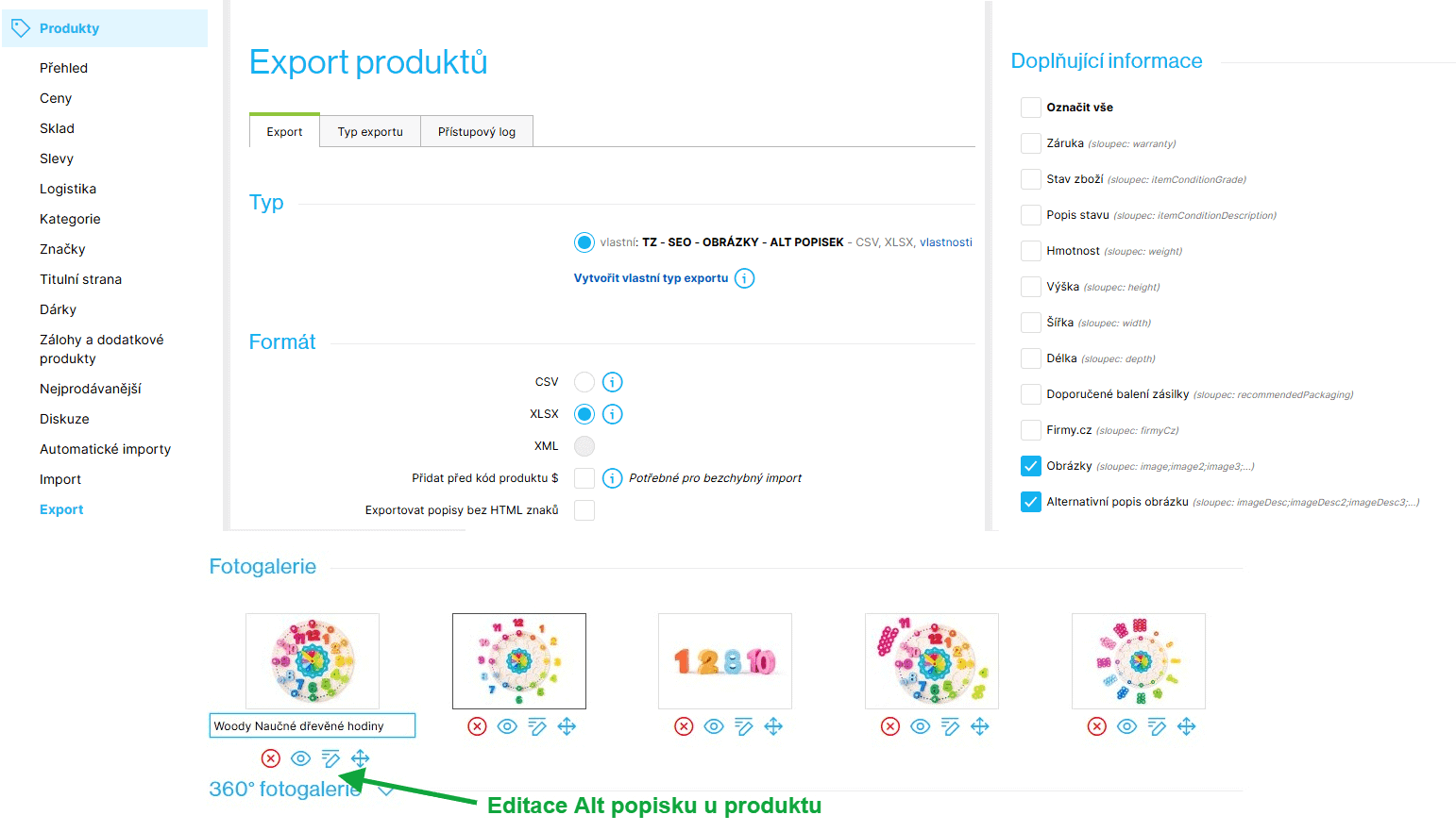 Ukázka hromadné úpravy Alt popisku produktů v Shoptetu (Zdroj: klient Dudlu)