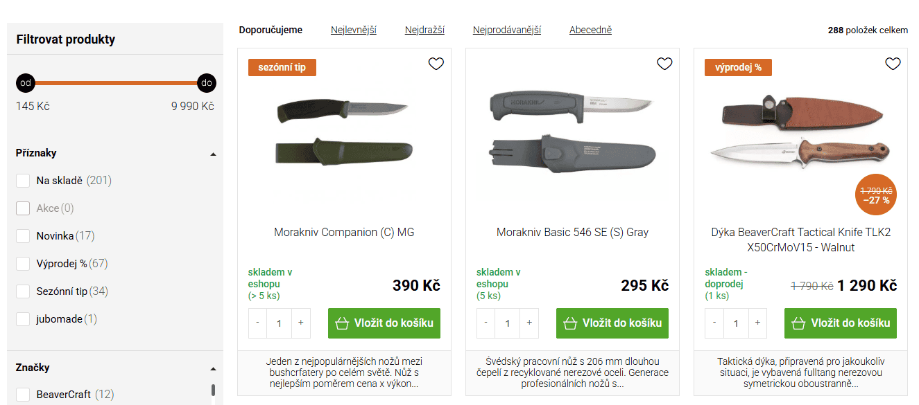 Ukázka produktových fotek na bílém pozadí klienta Bushcraftshop