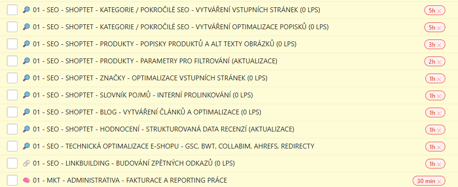 Orientační ukázka SEO úkolů u rozpočtu za 25 000 Kč
