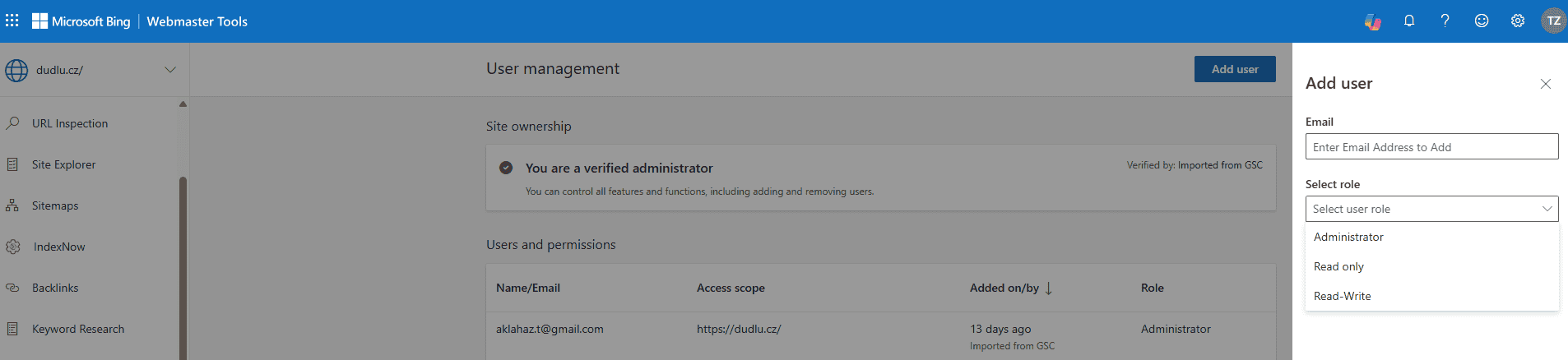 Ukázka nastavení User management