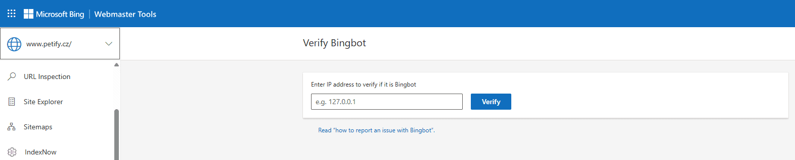 Ukázka nastavení Verify Bingbot