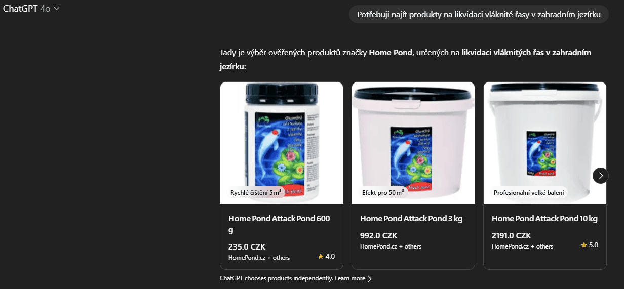 Ukázka produktové nabídky (carouselu) z výsledků vyhledávání v ChatGPT (Klient HomePond.cz)