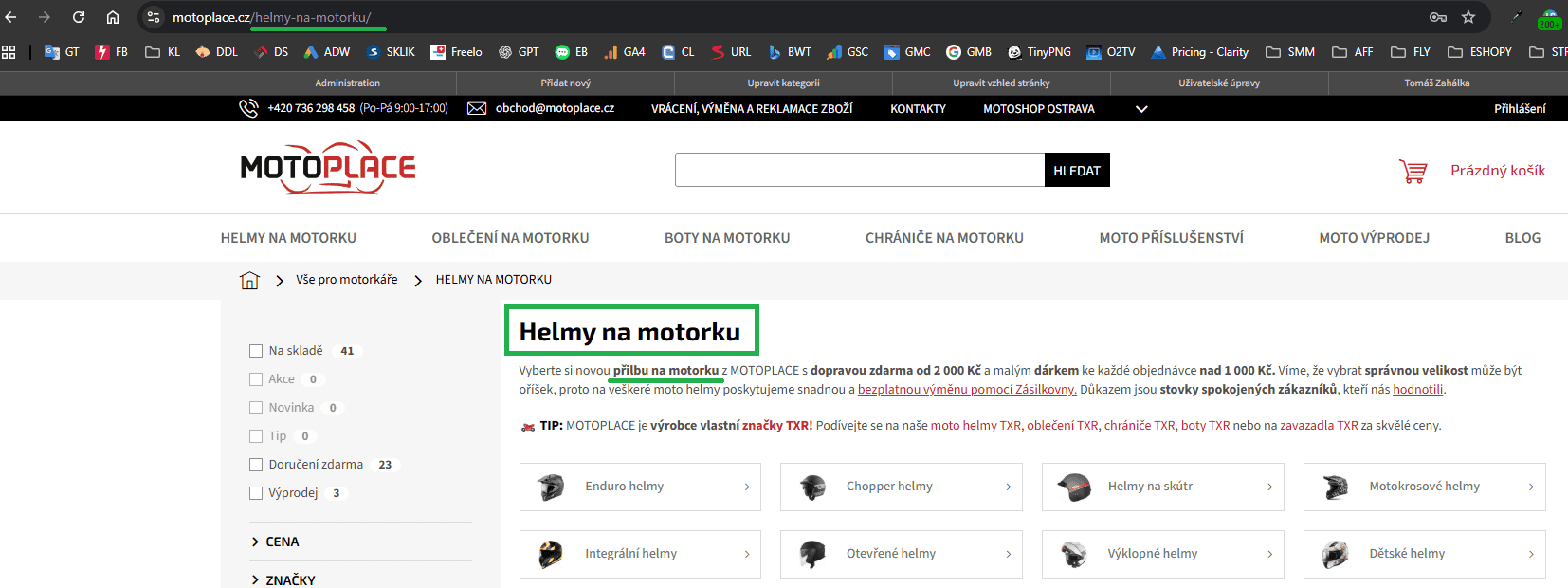 Ukázka práce s klíčovým slovem u klienta Motoplace.cz
