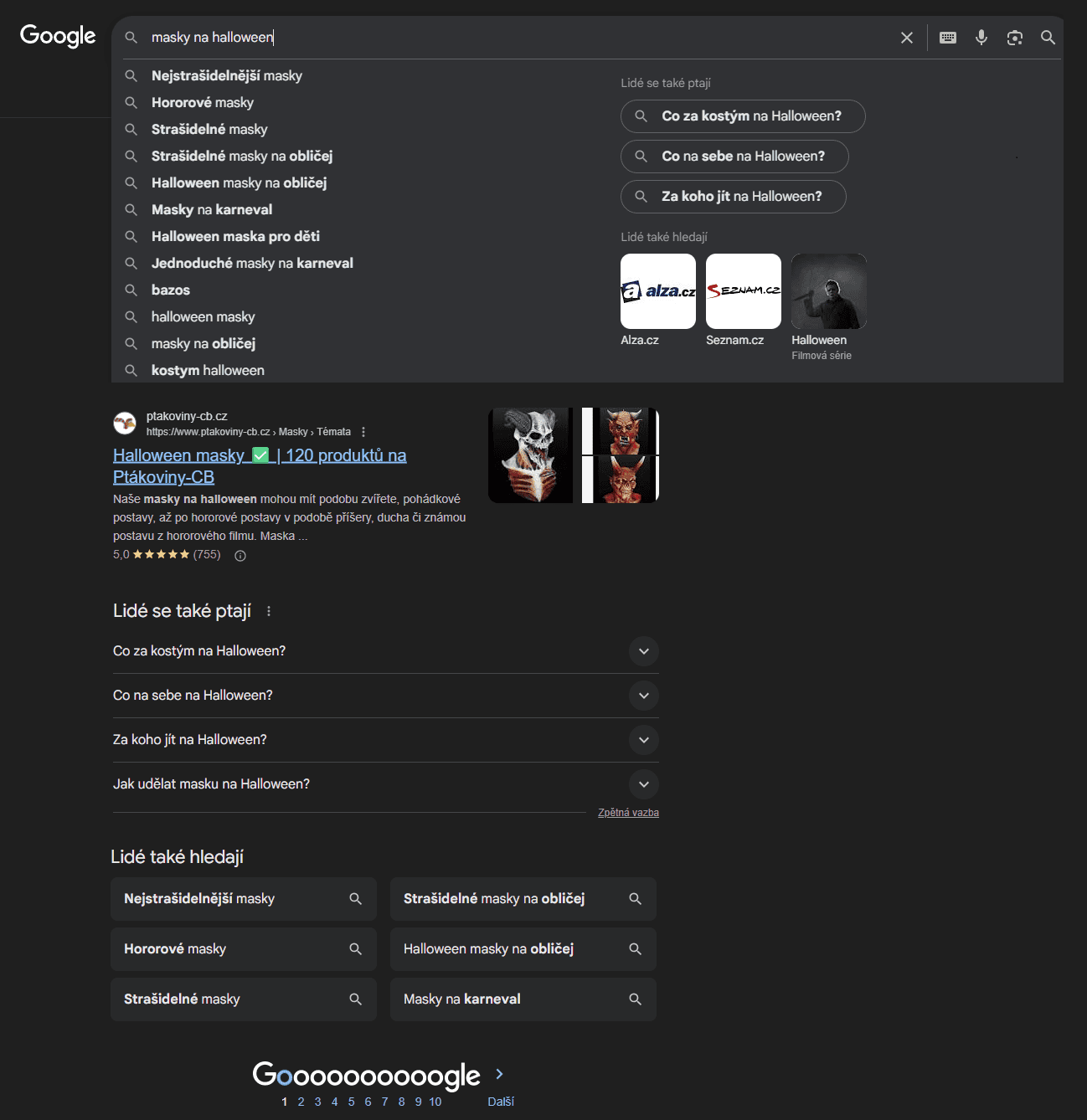 Ukázka nápovědy klíčových slov z Googlu pro klíčové slovo masky na halloween