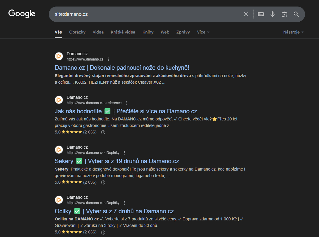 Ukázka použití operátoru site:damano.cz pro kontrolu stránek klienta v SEO