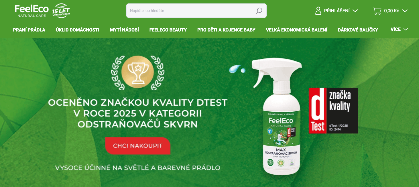 Ukázka SEO klienta FeelEco fungující na .com doméně pro český trh