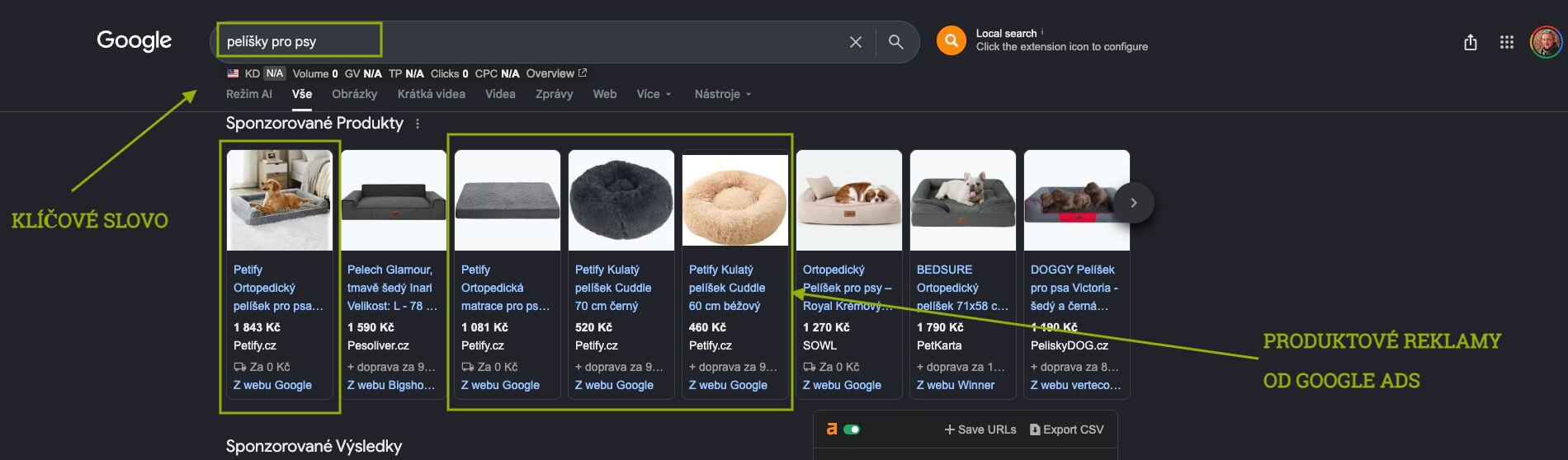 Ukázka produktových výsledků v Google Ads na produktové dotazy klienta Petify z dotazu Pelíšky pro psy
