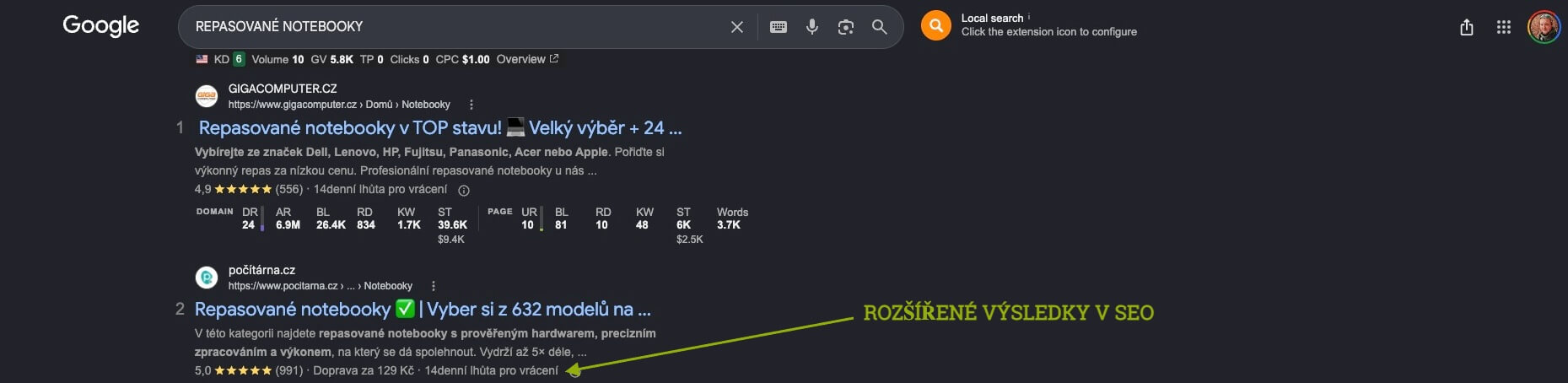 Ukázka rozšířených snippetů na Googlu u klineta Počítárna na dotaz repasované notebooky