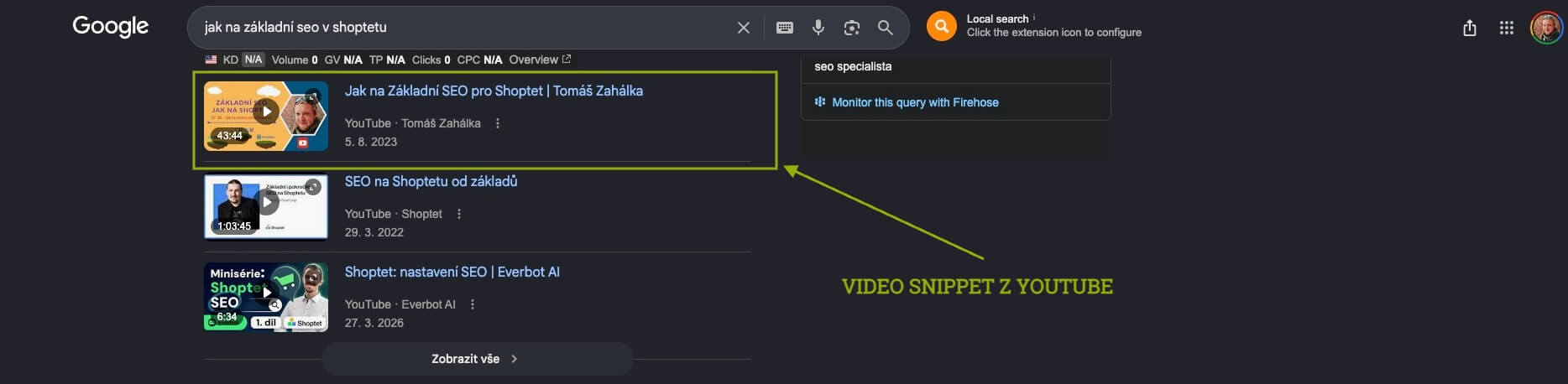 Ukázka video snippetu na Googlu z mého webu na dotaz Jak na Základní SEO v Shoptetu