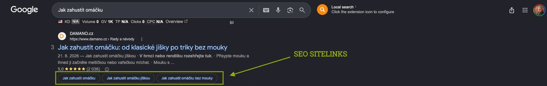 Ukázka získaných sitelinks pomocí SEO na článku Jak zahustit omáčku klienta Damano