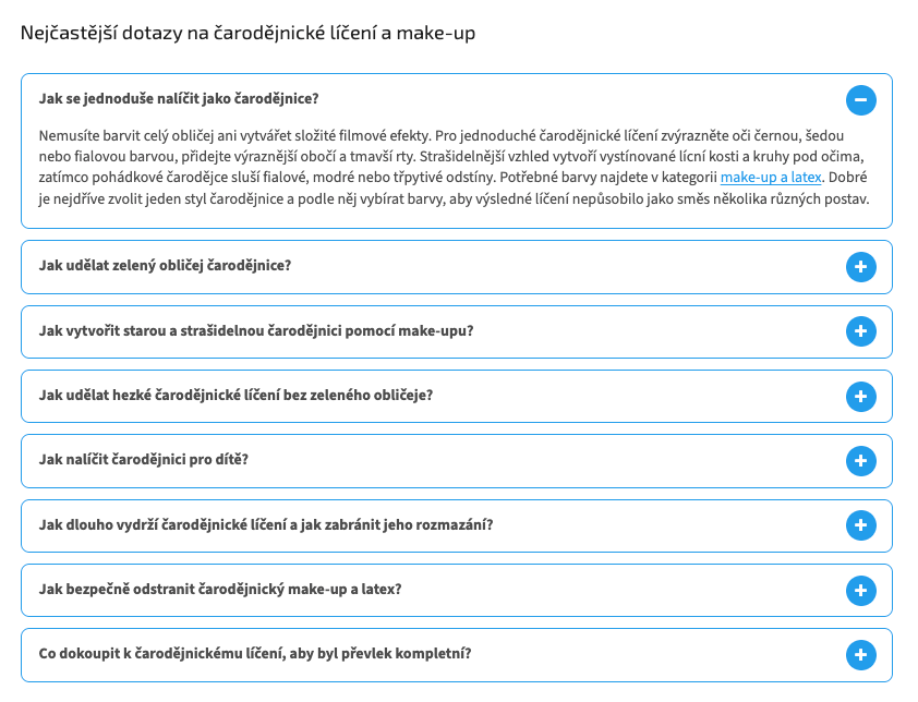 Ukázka tvorby FAQ u článku Jak se nalíčit jako čarodějnice? klienta Ptákoviny-cb