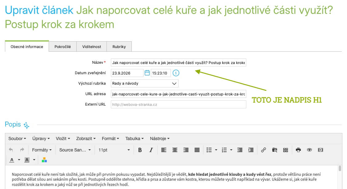 Ukázka nadpisu H1 na Shoptetu u klienta Damano
