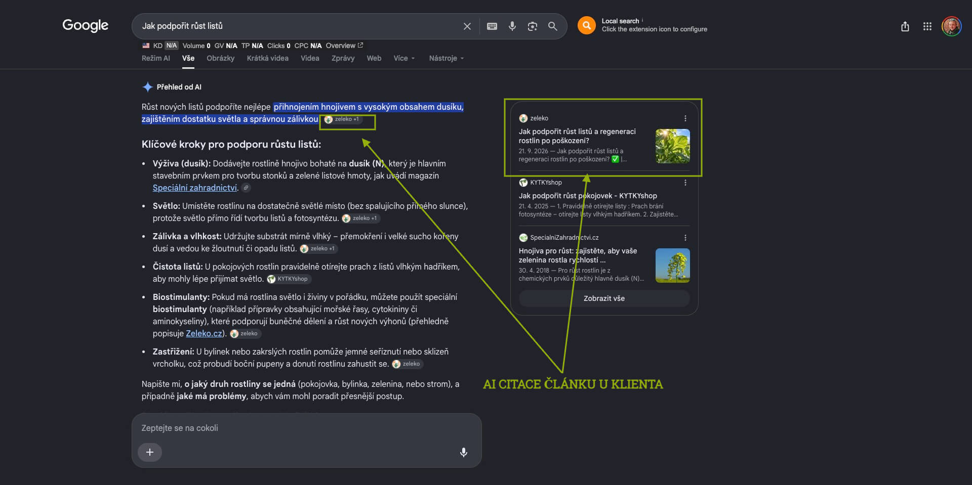 Ukázka úspěšně získaných pozic v AI vyhledávání na Googlu pro klienta Zeleko na dotaz Jak podpořit růst rostlin