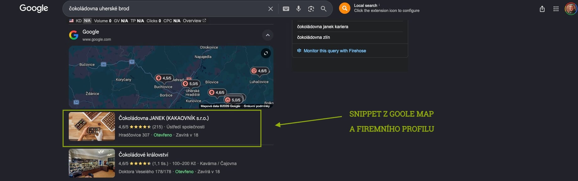 Ukázka výsledků Google map pro klienta Čokoládovna JANEK